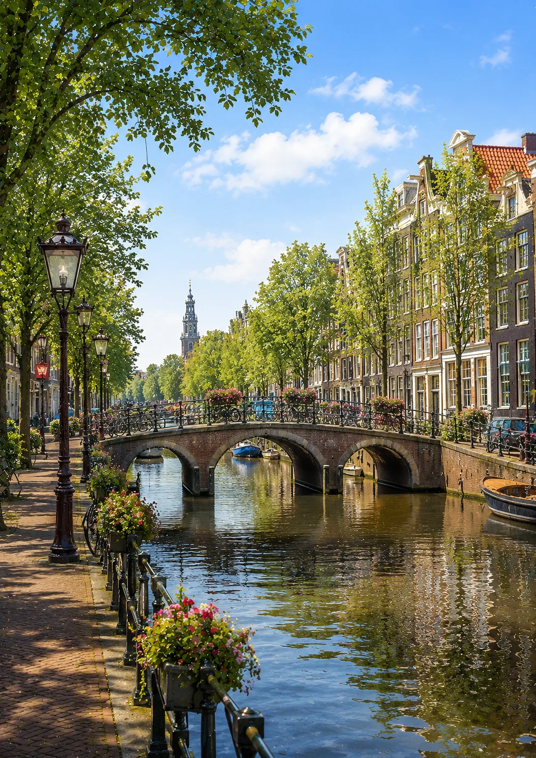 An Amsterdam canal with a stone bridge, canal houses and lanterns