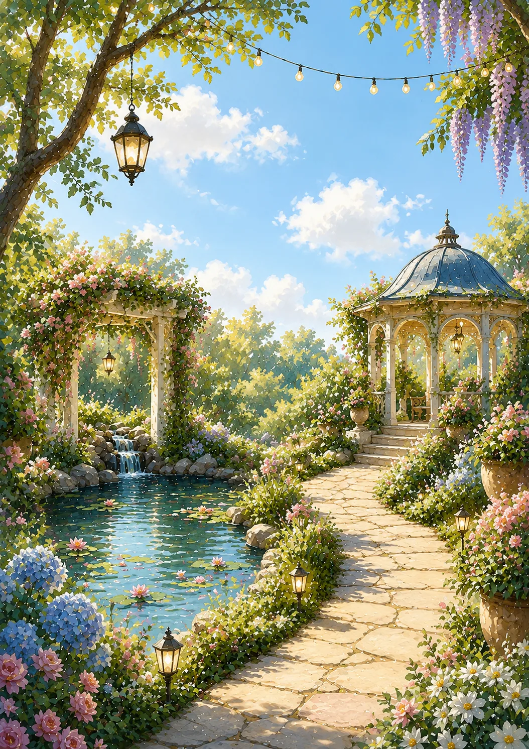 An enchanted garden with a gazebo, pond and wisteria